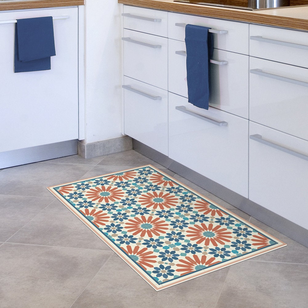 Tapis Vinyle Décoratif - Modèle 'Welcome To My Kitchen' Bleu - Taille 100x140 Cm - Imperméable Et Antidérapant - Pour Cuisine, Salon, Extérieur - 8