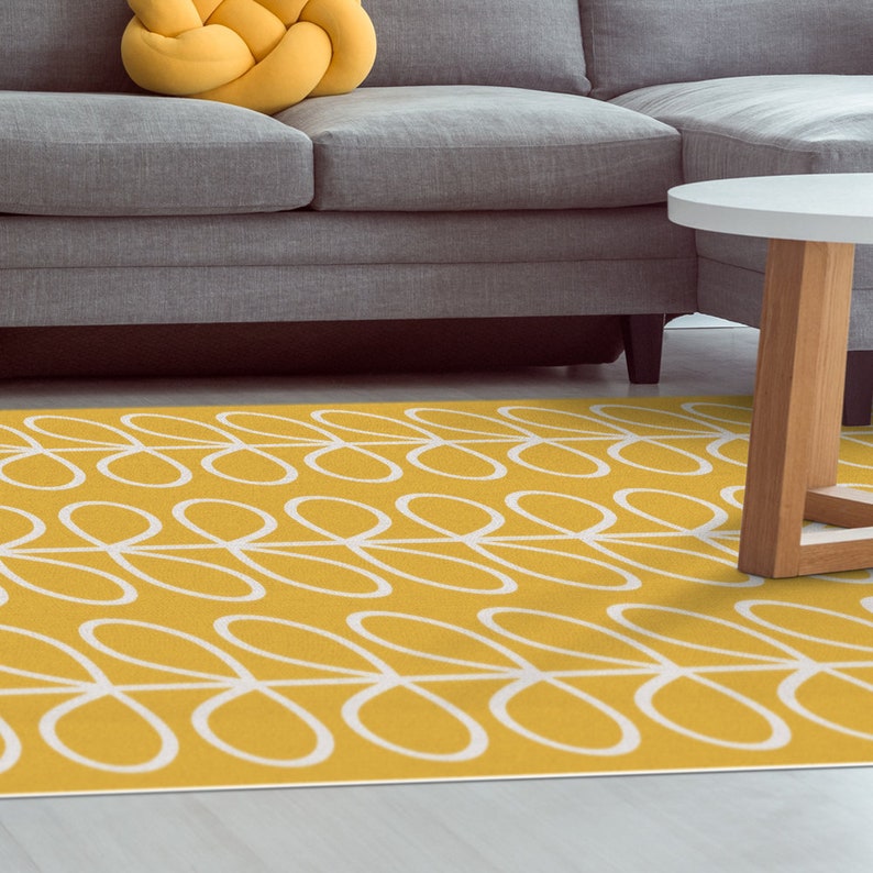 Yellow Vinyl Floor Area Rug With Graphic Leaves Design In White Over Background Large Pvc Rugs Art Mat