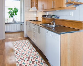 Moroccan Vinyl Floor Mat: Blue & Red Zellige Tile Kitchen Rug