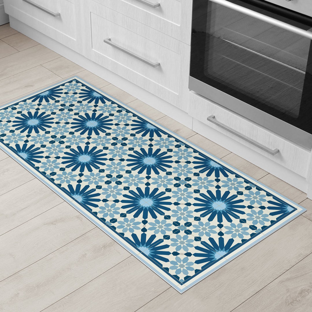 Vinyl Area Rug Blue Graphic Leaves Design Printed on PVC Floor Mat / Vinyl  Floor Mat / Doormat/ Bathmat / PVC Rug. Art Mat. 