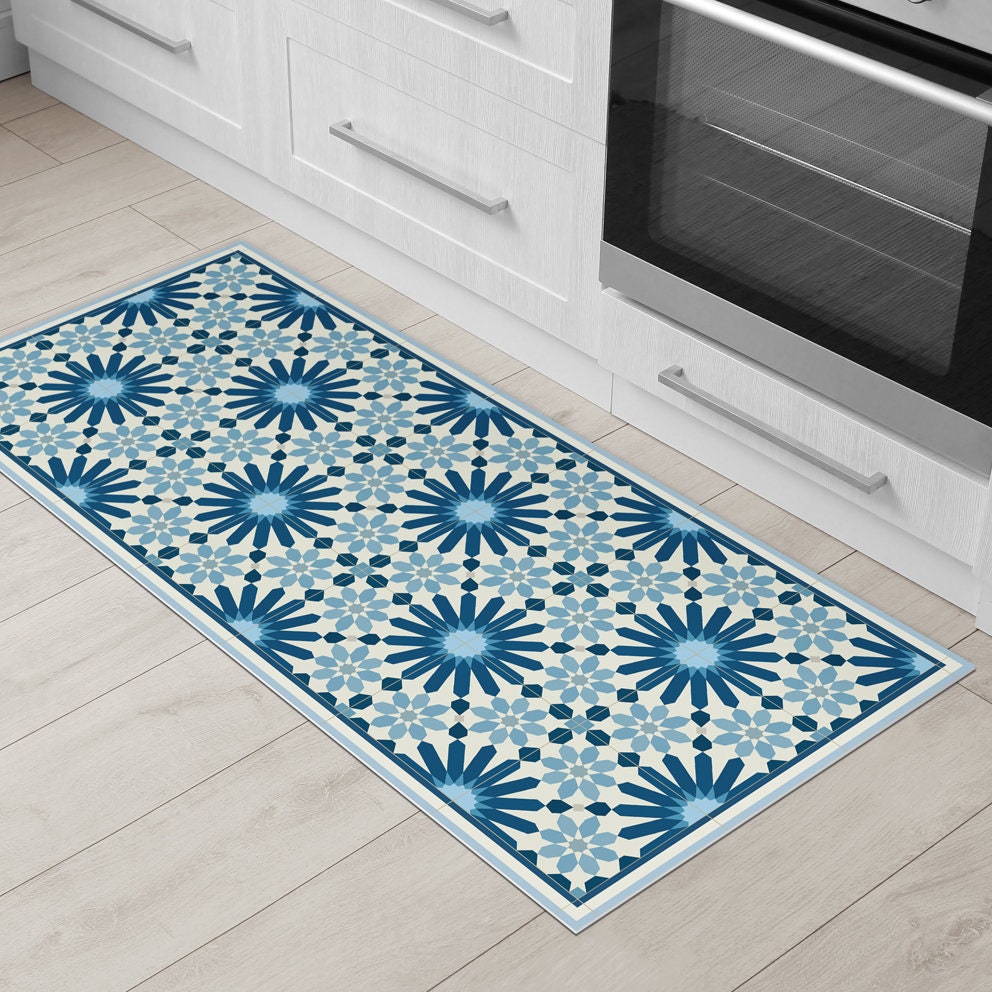 Dark blue Kitchen mat, Vinyl floor mat with Moroccan tiles design. kitchen floor mat with blue tiles, Kitchen decor, bath mat, kitchen rug.