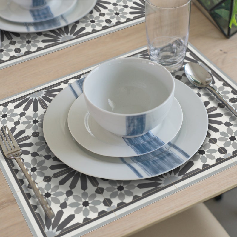 Vinyl placemats with Moroccan tiles design. gray placemats Etsy