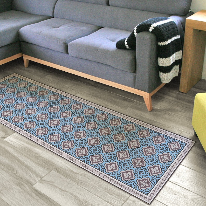Blue Runner Rug Printed on Vinyl Floor Mat. Vintage Tiles in Etsy