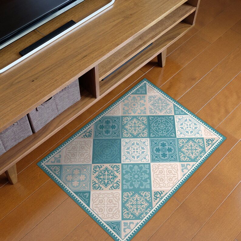Turquoise Vinyl Kitchen Mat. Vintage Tiles Design Kitchen Etsy