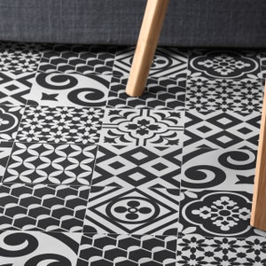 Eclectic black and white tiles. Vinyl floor mat with geometric and decorative shapes and designs. Area rug, kitchen floor rug, rug runner.