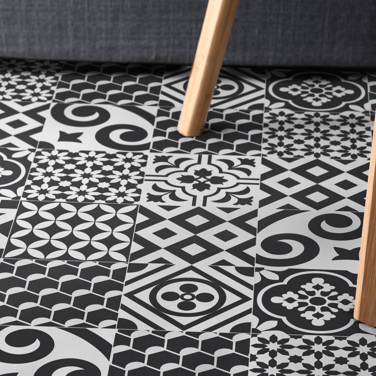 Black and White Geometric Vinyl Floor Mat: Eclectic Tile Rug - Etsy