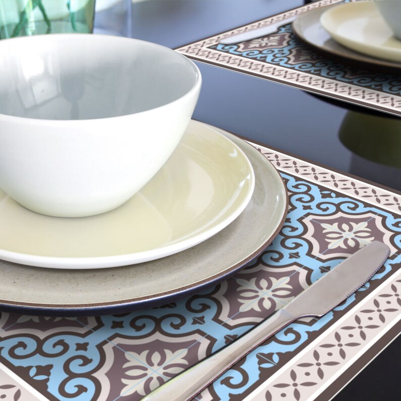 Blue Placemat Set Vinyl Table Placemat With Classic Tile Etsy
