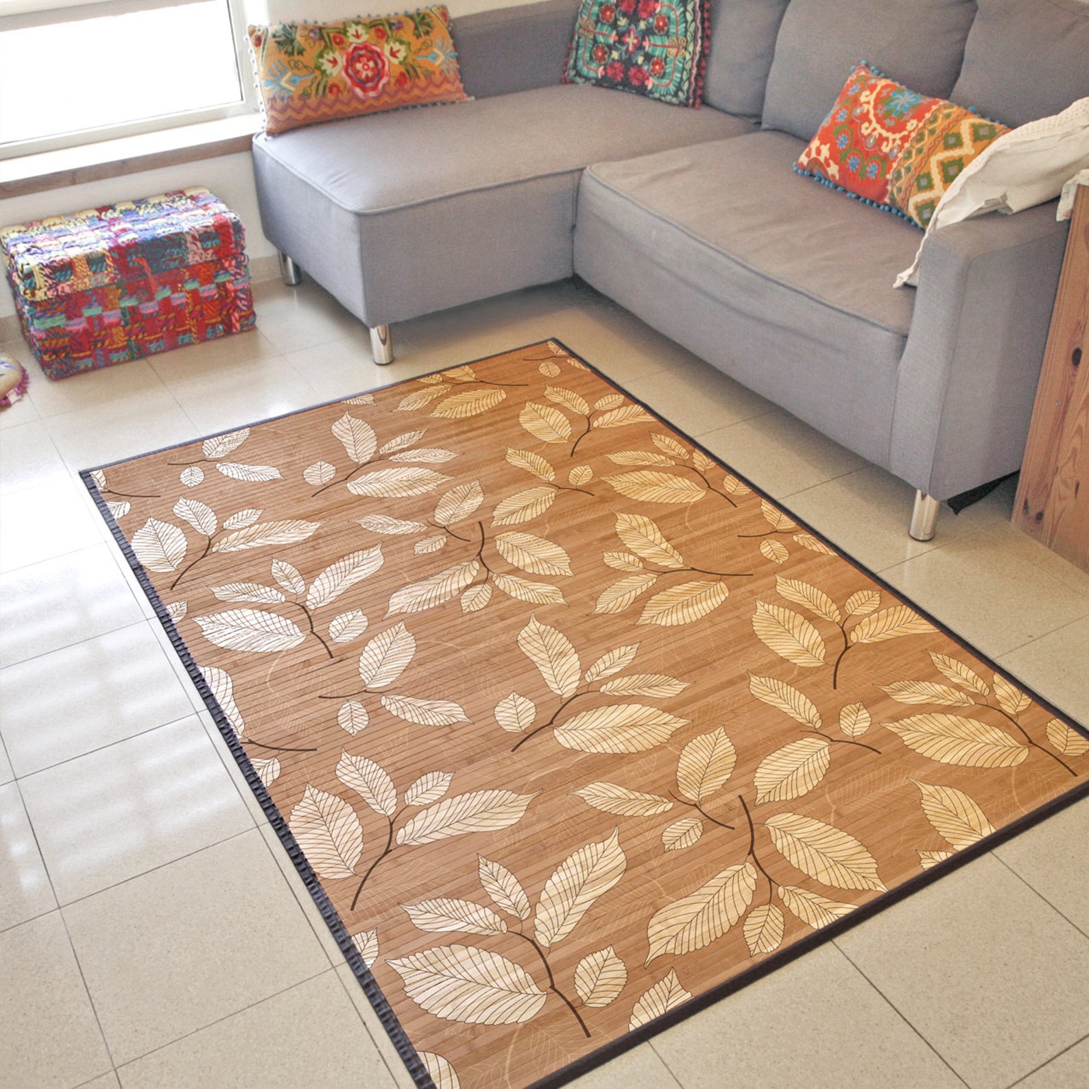 Green Bamboo Mat With Leaves Pattern in Brown. Natural Bamboo Etsy