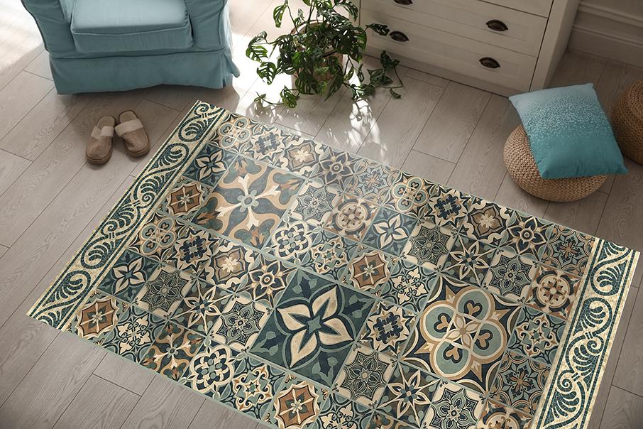 NEW - PVC Mat Inspired by Spanish Style. Green and Brown Vinyl Area Rug ...