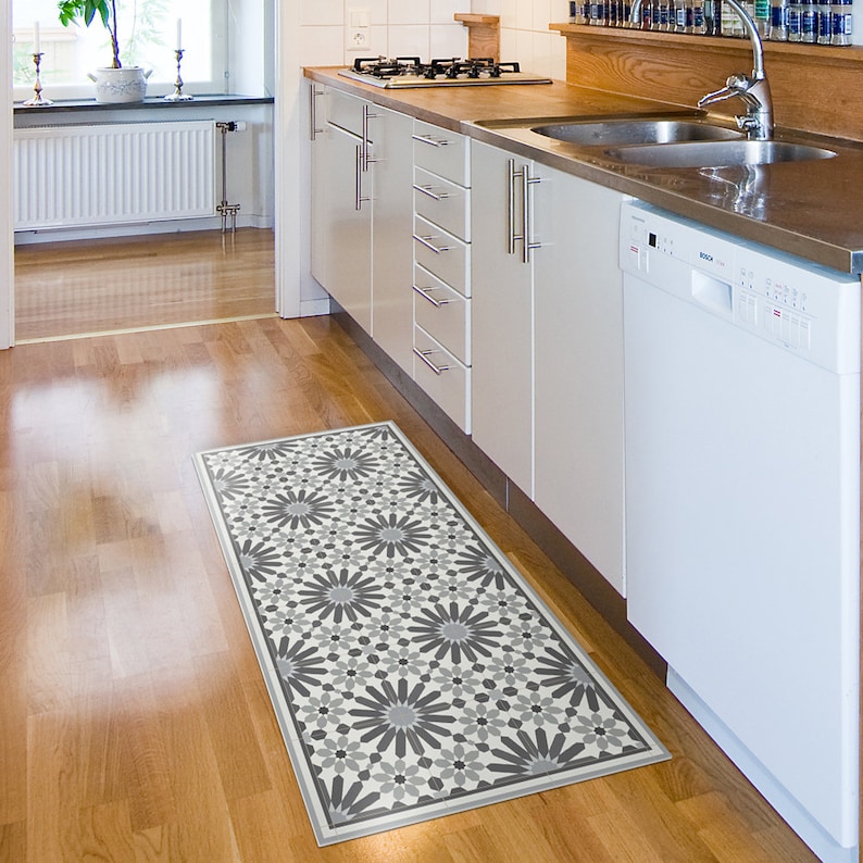Gray Vinyl Floor Mat With Moroccan Tiles Pattern. Kitchen Rug Etsy