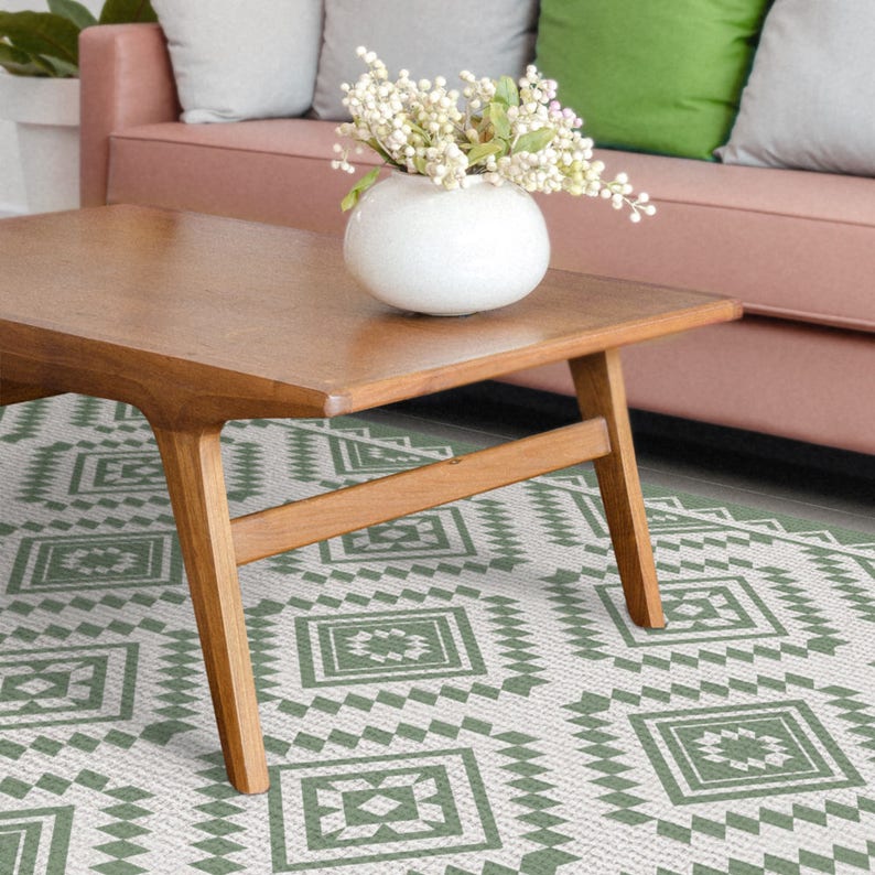 Pvc Area Rug Linoleum Carpet With Printed Green Kilim Image 0