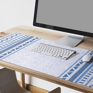 Blue Geometric Boho Desk Mat: Vintage Pattern Vinyl Protector
