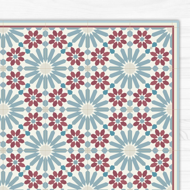 Vinyl Area Rug With Moroccan Tiles In Blue And Red Linoleum Image 0
