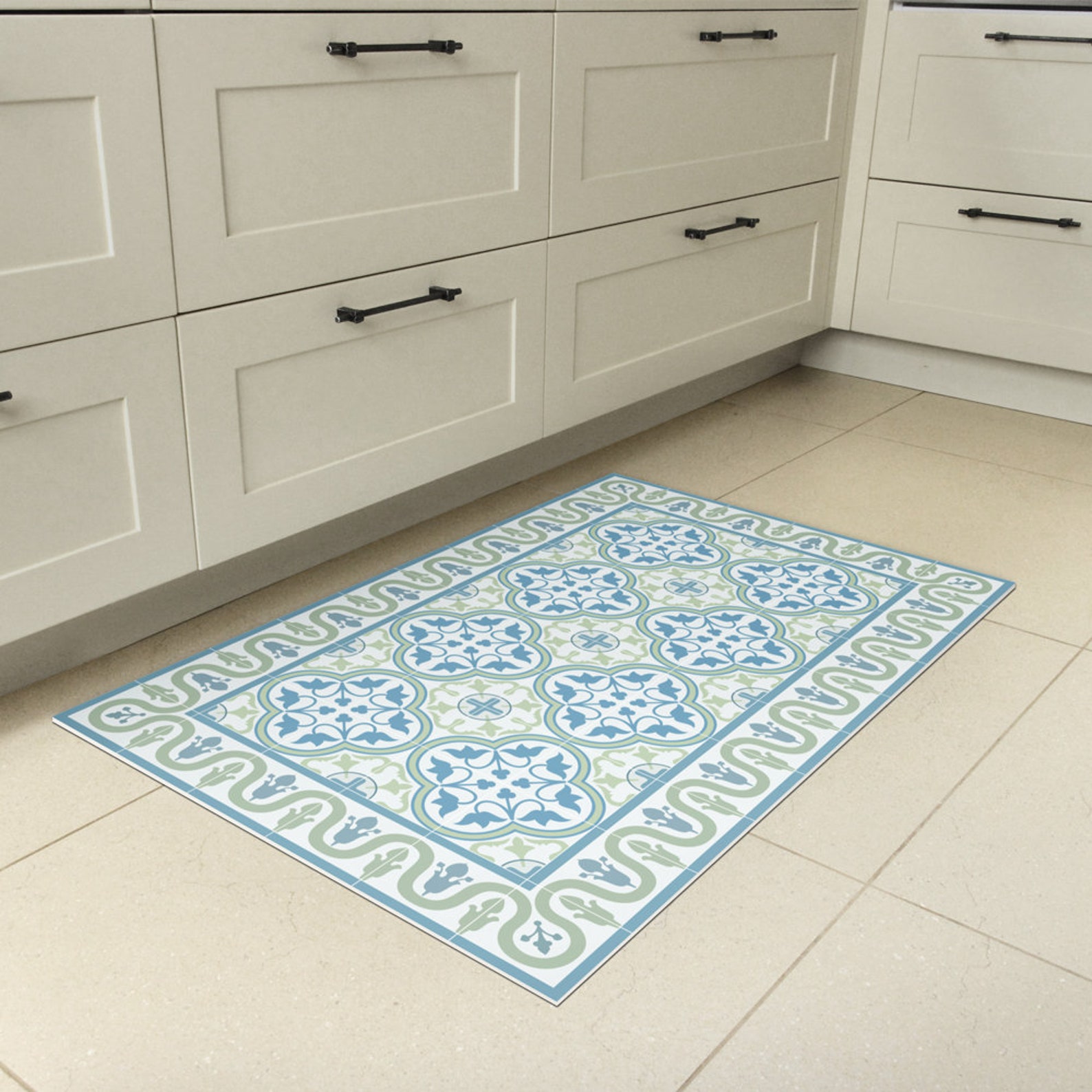 Vinyl Floor Mat With Tiles in Green and Turquoise. Kitchen Etsy Hong Kong