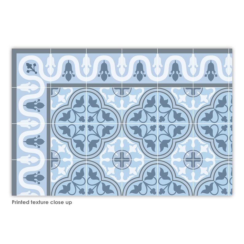 May include: A blue and white patterned floor tile with a repeating design of stylized leaves and flowers. The tile has a border with a wavy design.