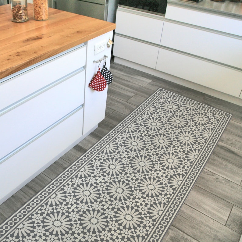 Gray vinyl runner rug or hallway runner with Moroccan tiles Etsy
