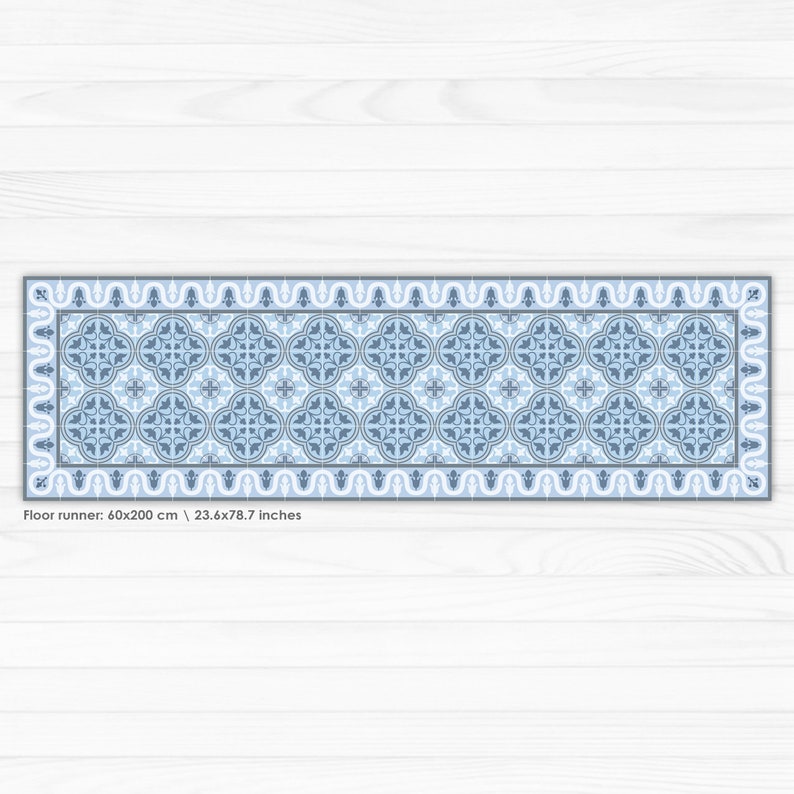 May include: A blue and white patterned floor runner with a geometric design. The runner is 60x200 cm or 23.6x78.7 inches.