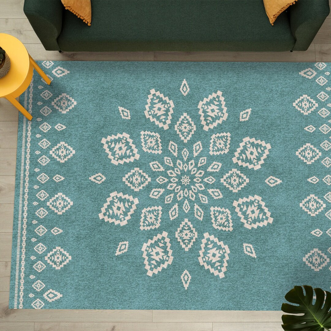 Samara Vinyl Floor Mat With Boho Design, Geometric Vinyl Rug. Turquoise ...
