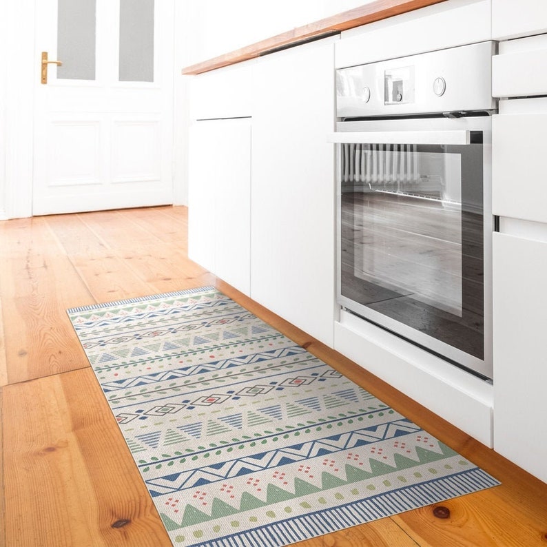 Geometric Blue and Green Kitchen Rug Vinyl Floor Mat. Kitchen Etsy