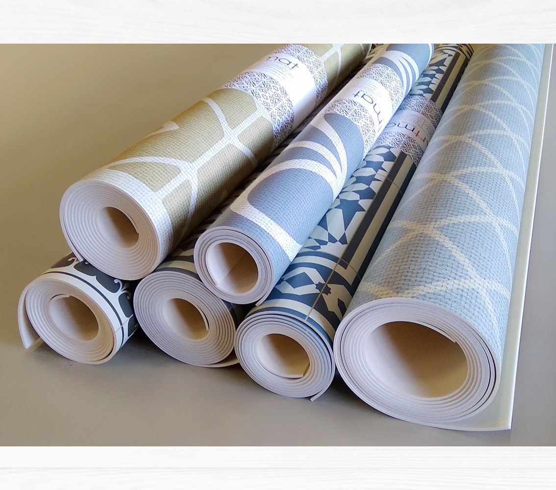 Vinyl area rug Blue graphic leaves design printed on PVC | Etsy