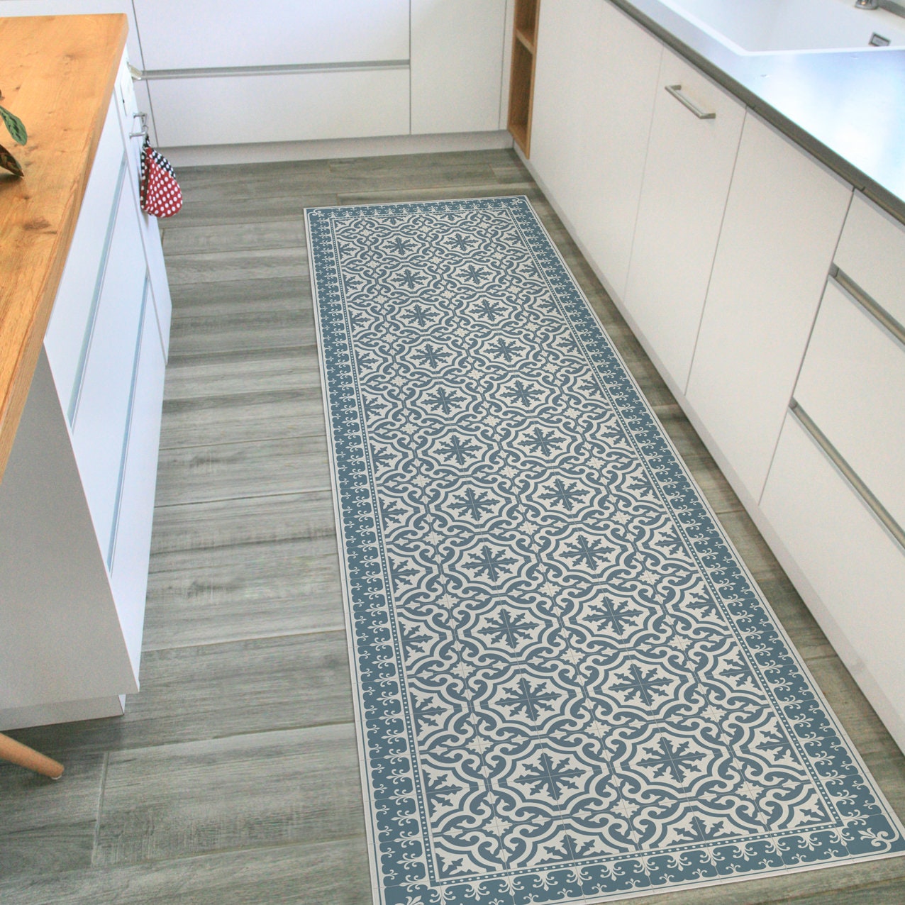 Blue vinyl rug runner with vintage tiles and decorative frame. Etsy