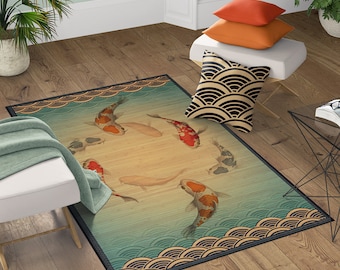 Japanese style bamboo mat. Koi fish illustration in turquoise and orange. Natural bamboo mat. Kitchen floor mat, area rug or runner rug.