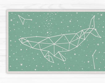 Mintgrüne PVC Matte. Sterne und Wal Sternbild gedruckt auf Vinyl Bodenteppich - Art Mat.