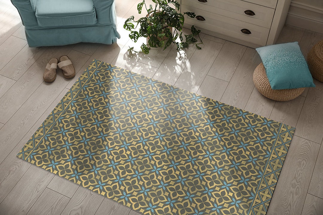 NEW Moroccan Tiles Design in Blue and Yellow, Kitchen Floor Mat, Area Rug, Door Mat or Pet Mat
