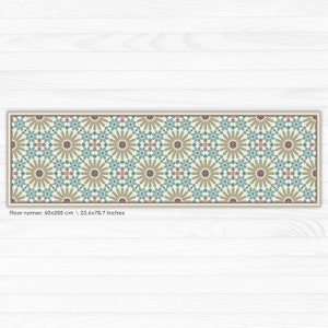 Op de afbeelding: Een beige vloerkleed met een geometrisch patroon van bruine, teal en witte bloemen. De loper is 60x200 cm of 23,6x78,7 inch.