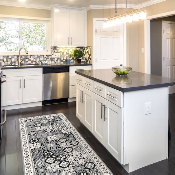 Kitchen Floor Mat With Moroccan Tiles Design in Olive Green, Tuquoise and  Beige. Kithcen Rug, Door Mat or Pet Mat. 