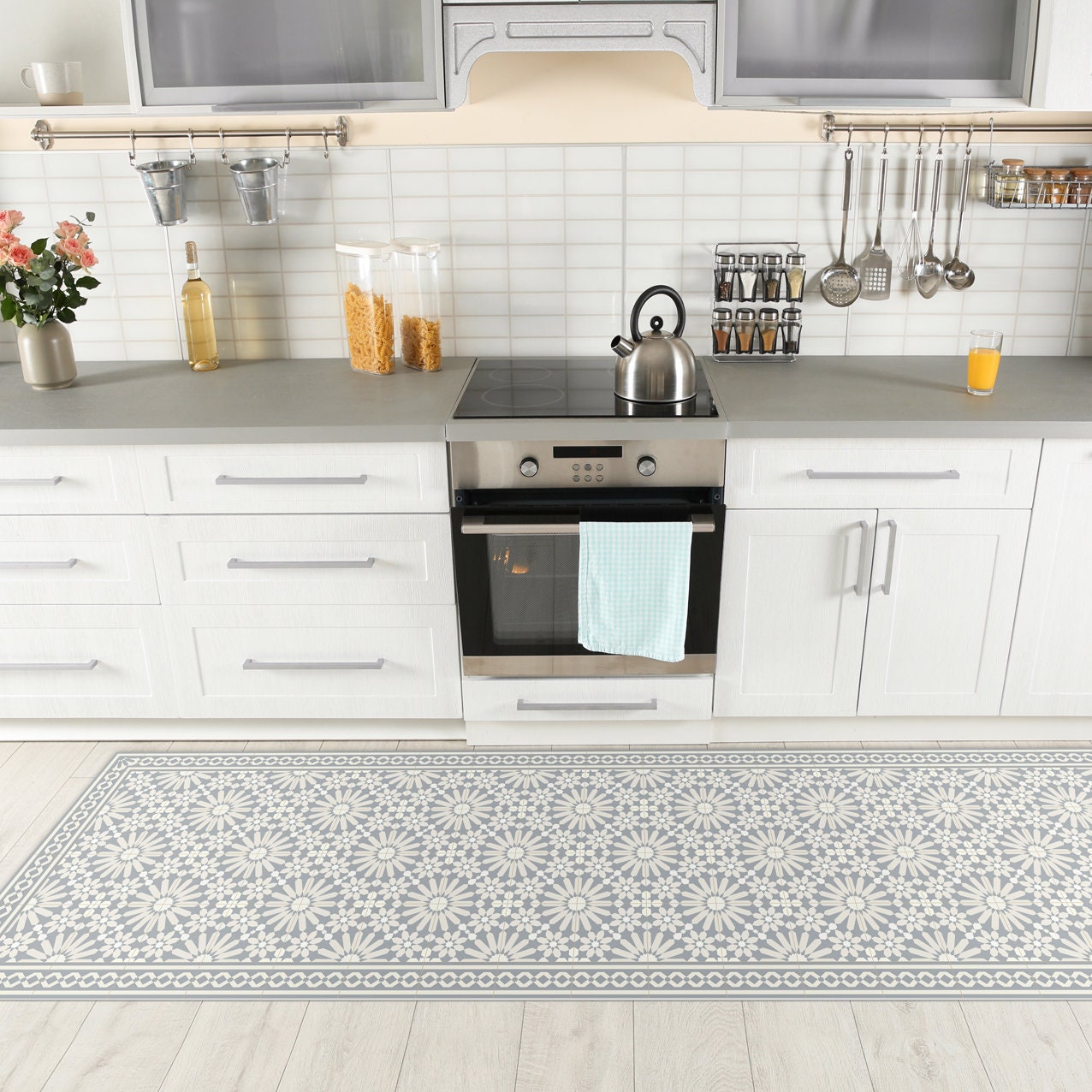 Light Gray Vinyl Runner Rug: Moroccan Tile Kitchen Mat - Etsy
