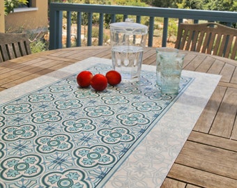 Vinyl table runner in turquoise and white . Elegant vinyl runner, printed to order. PVC mat - Art Mat
