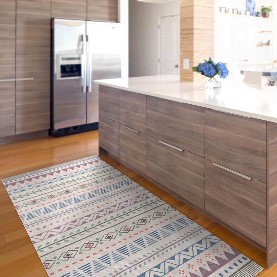 Geometric Kitchen Floor Mat, Scandinavian Style. Purple, Blue and Gray