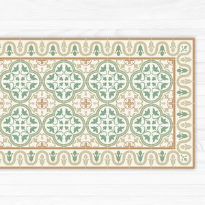 Linoleum rug printed with green tiles pattern, with decorative border. Art Mat printed PVC mats and rugs.