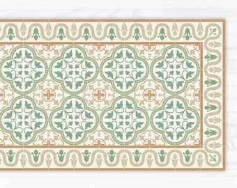 Linoleum rug printed with green tiles pattern, with decorative border. Art Mat printed PVC mats and rugs.