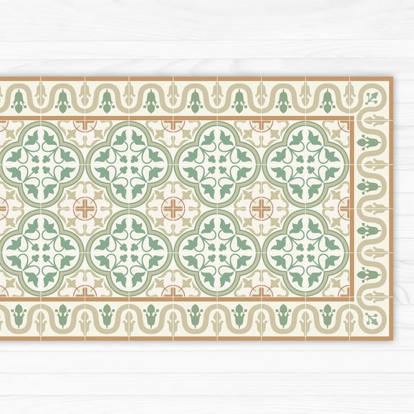 Linoleum rug printed with green tiles pattern, with decorative border. Art Mat printed PVC mats and rugs.