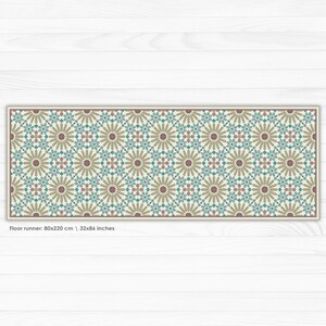 Op de afbeelding: Een beige vloerkleed met een geometrisch patroon van bruine, teal en roze bloemen. De loper is 80x220 cm of 32x86 inch.