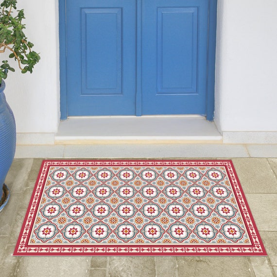 Linoleum Doormat With Spanish Tiles in Red and Blue. Vinyl Area Rug Door  Mat Runner Rug Linoleum Floor Mat With Spanish Tile Design. 