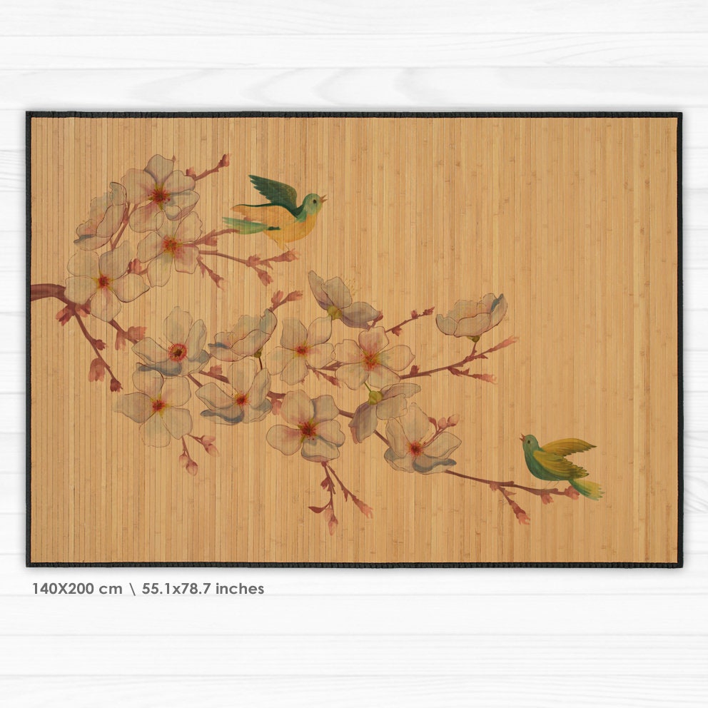 Printed Bamboo Mat, Area Rug - Oriental Print of Bird on Branch, Plum ...