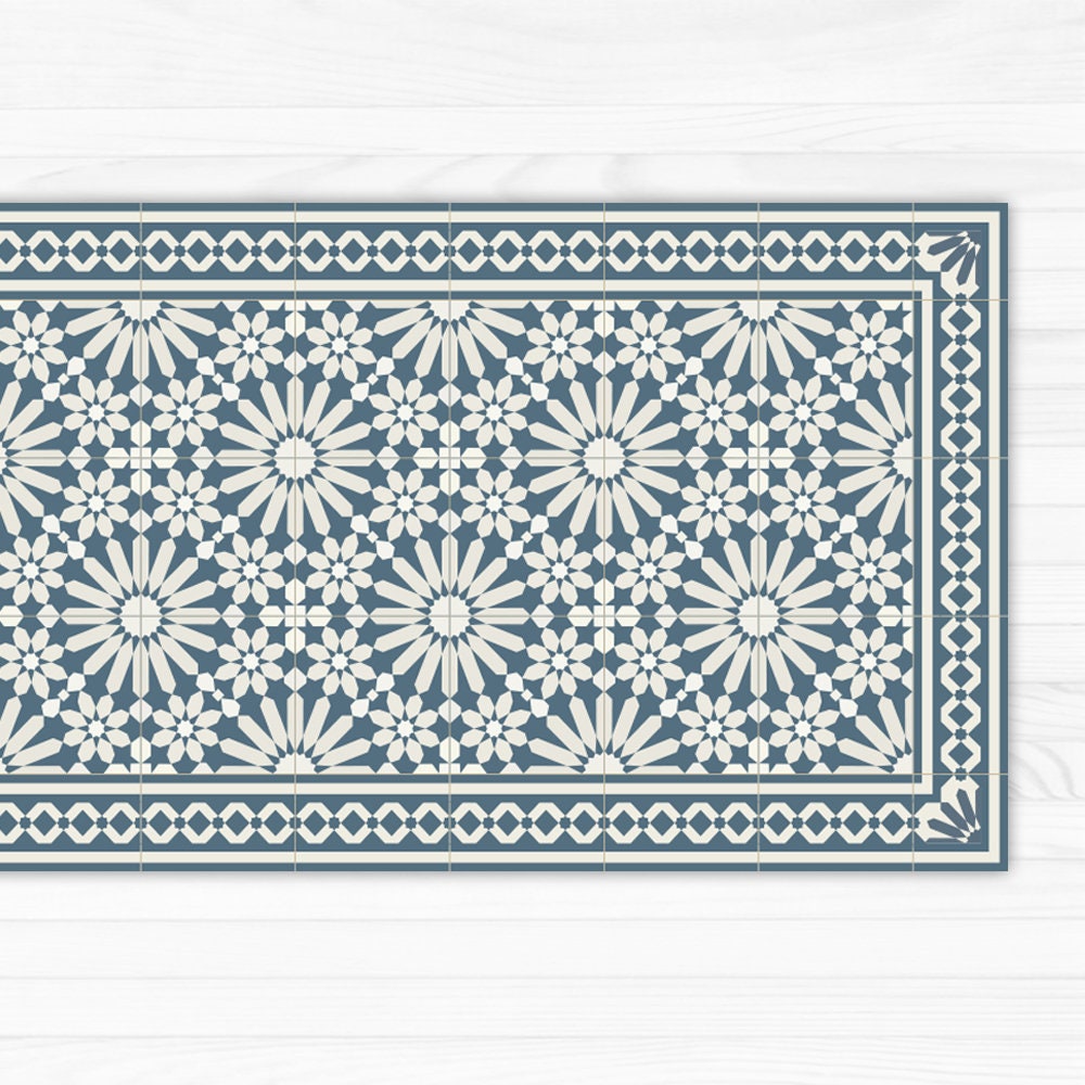 Vinyl Area Rug With Moroccan Tiles Design in Blue and Beige. Linoleum Style Area  Rug With Zellige Tiles. Vinyl Tiles Art Mat. 