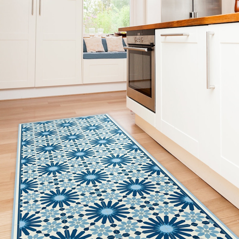 Dark Blue Kitchen Mat Vinyl Floor Mat With Moroccan Tiles Etsy