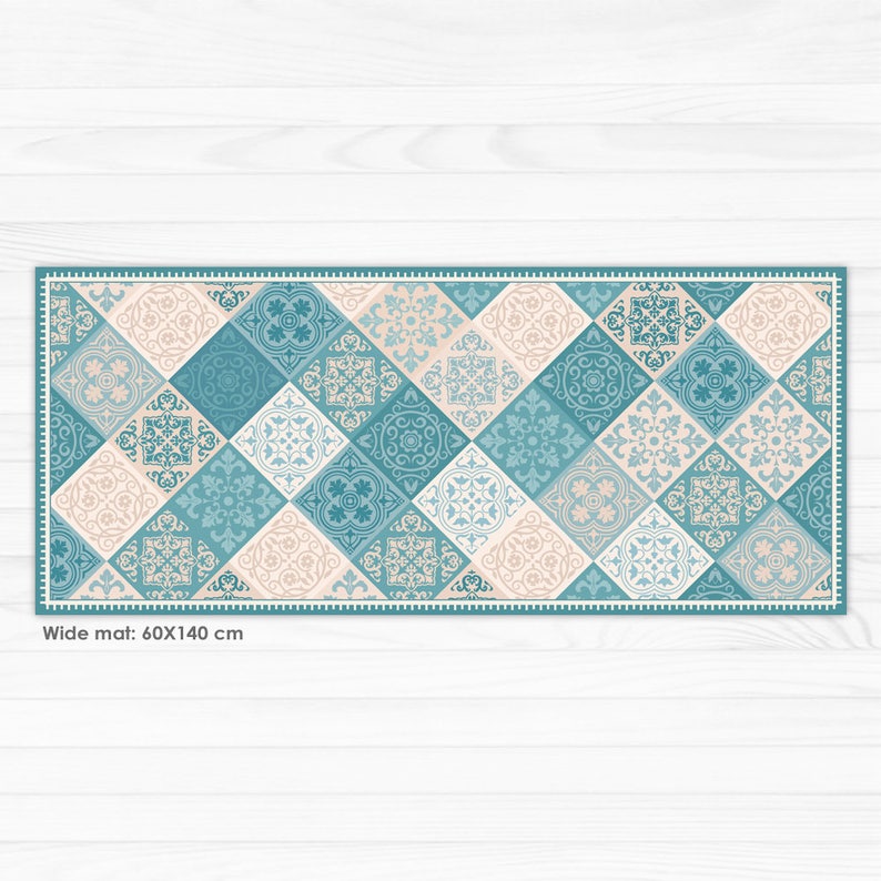 Turquoise Vinyl Kitchen Mat. Vintage Tiles Design Vinyl Floor Etsy