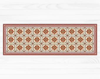 Red and gold table runner. Printed vinyl runner, PVC table runner, Red tiles with decorative frame. Art Mat.