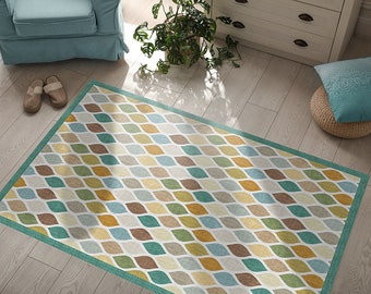 NOUVEAU- Tapis de sol en vinyle géométrique-ethnique coloré, tapis en linoléum imprimé, tapis en PVC. Tapis d'art avec un design de formes géométriques colorées.
