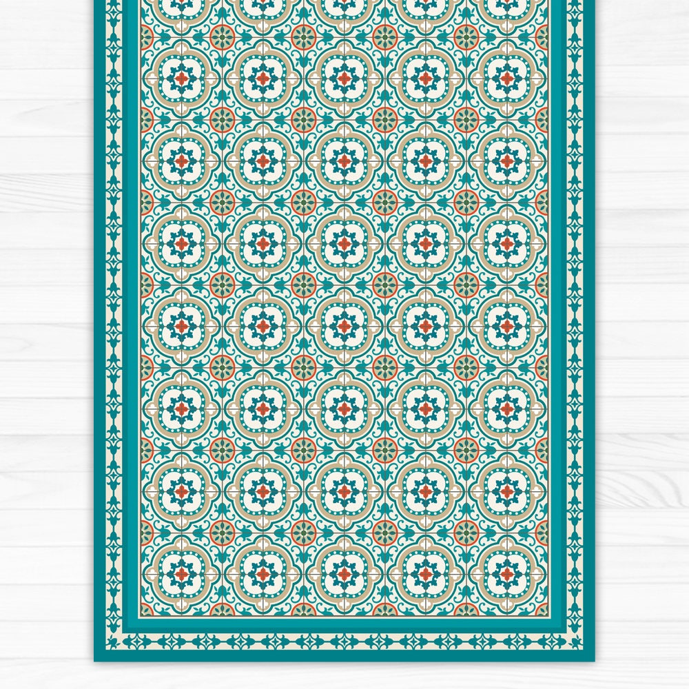 Turquoise Vinyl floor mat with decorative Spanish tiles pattern. PVC area rug, kitchen rug, printed on linoleum.