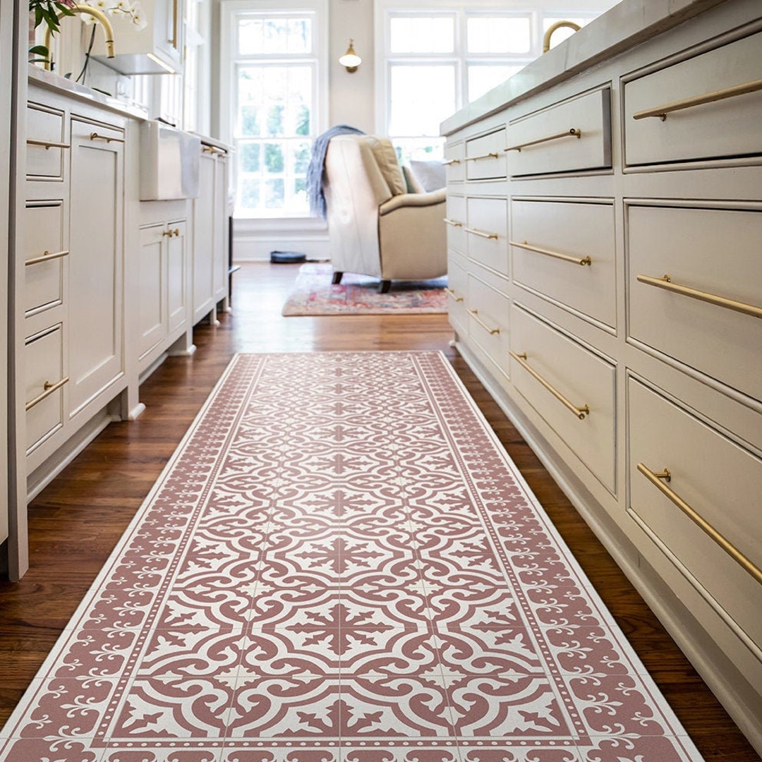 Light Gray Vinyl Runner Rug or Kitchen Runner Mat With Moroccan Tiles  Design. Vinyl Floor Mat, Pale Gray Rug Runner, Floor Runner. 