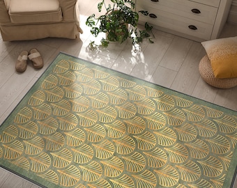 NOUVEAUTÉ - Tapis en bambou inspiré du style Art déco. Design vintage turquoise. Tapis en bambou, imprimé sur commande sur du bambou naturel.