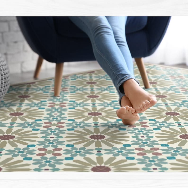 Vinyl Area Rug With Moroccan Inspired Pattern Floor Mat Tiles In Turquoise And Olive Green Printed To Order Art