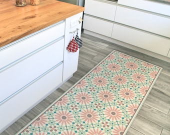 Moroccan Tile Kitchen Mat: Pink & Green Vinyl Floor Rug