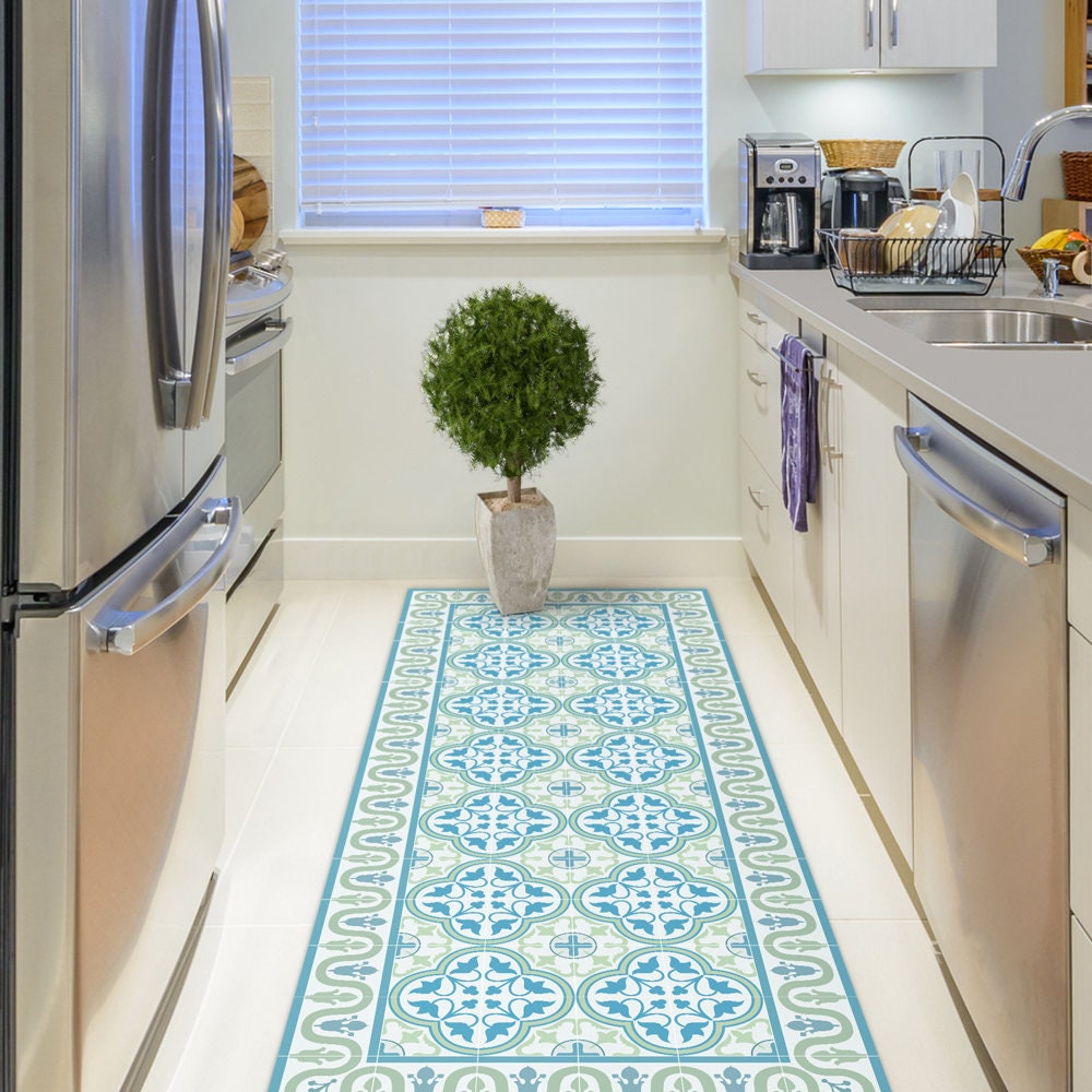 Vinyl Floor Mat With Tiles In Green And Turquoise Kitchen Etsy